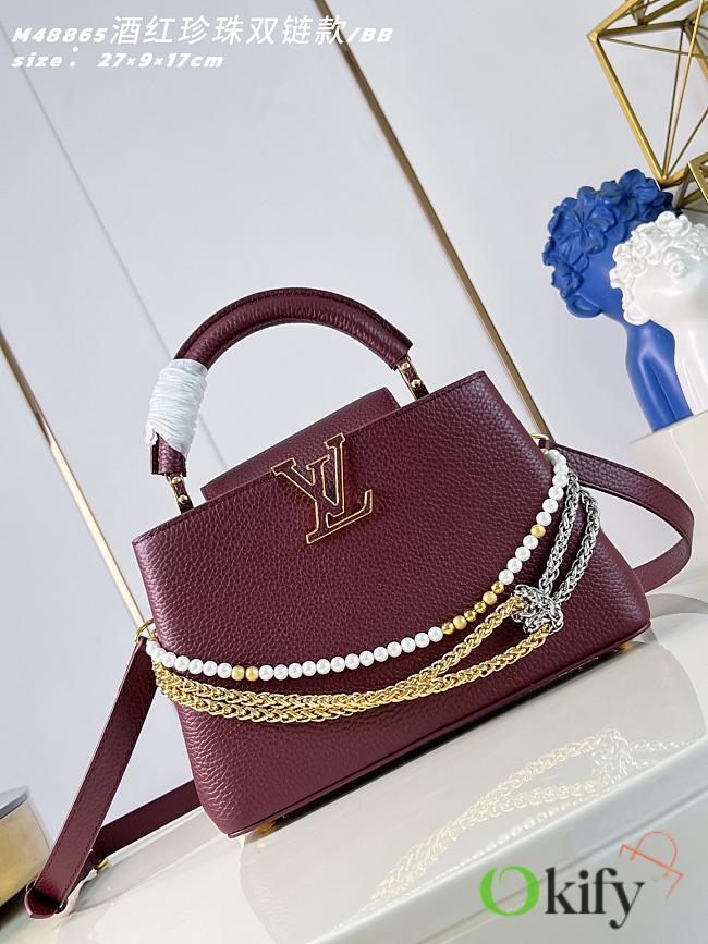 Okify Louis Vuitton Capucines BB Bag Red Burgundy Pearl And Double Chain 27x17x9cm - 1