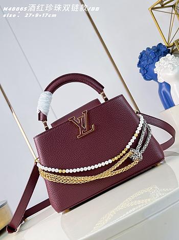 Okify Louis Vuitton Capucines BB Bag Red Burgundy Pearl And Double Chain 27x17x9cm