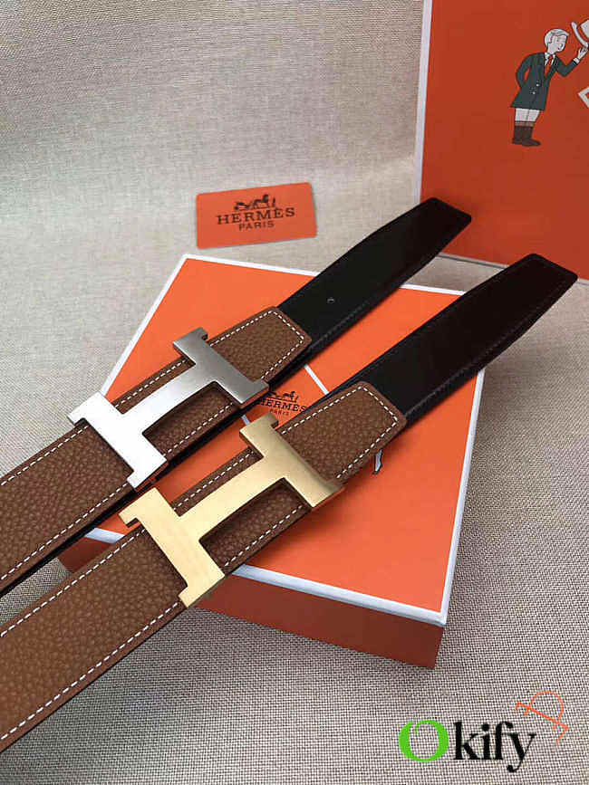Okify Hermes Brown Togo Reversible Belt With Gold/Silver Hardware 3.8cm - 1