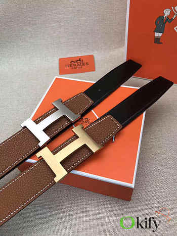 Okify Hermes Brown Togo Reversible Belt With Gold/Silver Hardware 3.8cm