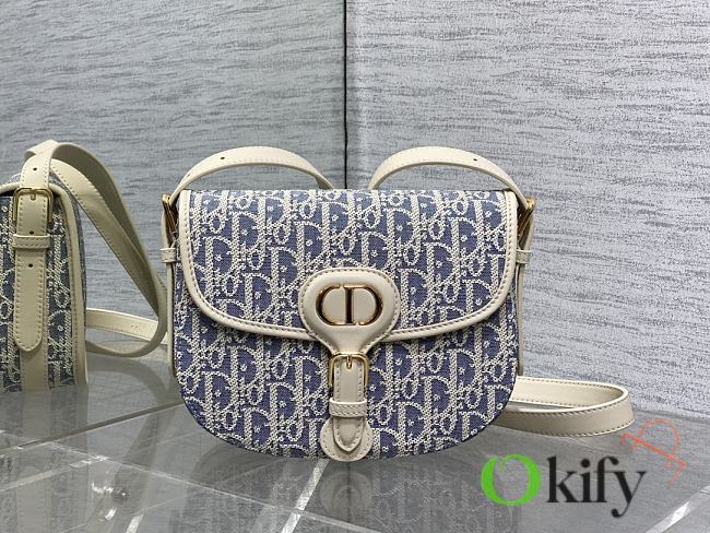 Okify Dior Bobby East West Medium Bag Blue And White Oblique Chambray Raffia 22x17x6cm - 1