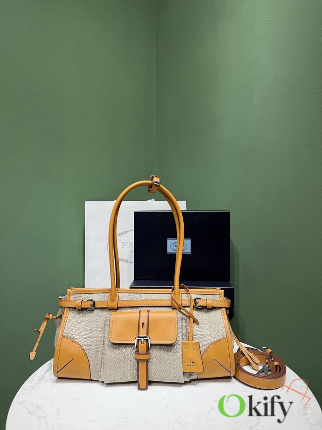 Okify Prada Bonnie Medium Bag Linen And Yellow Leather 1BA426 32x15.5x12cm - 1