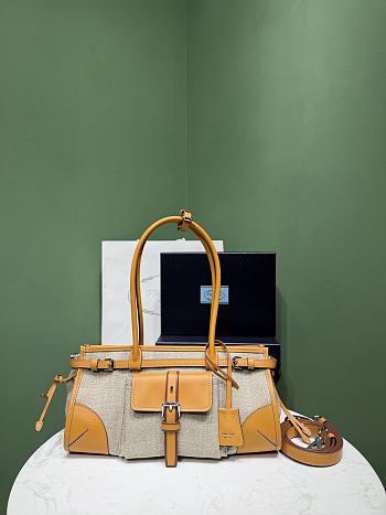 Okify Prada Bonnie Medium Bag Linen And Yellow Leather 1BA426 32x15.5x12cm