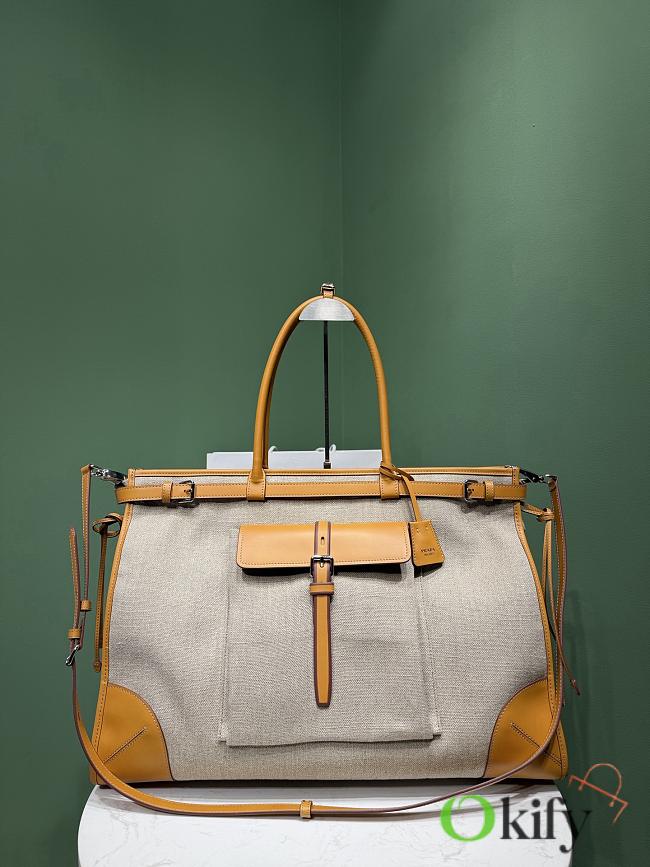 Okify Prada Bonnie Tote Bag Linen And Yellow Leather 2VG128 50x36x17cm - 1