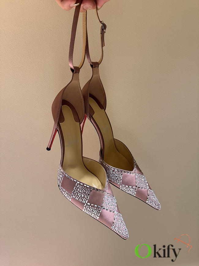 Okify Christian Louboutin Pink Checkered Crystal High Heels With/No Tulle Trim 10cm - 1