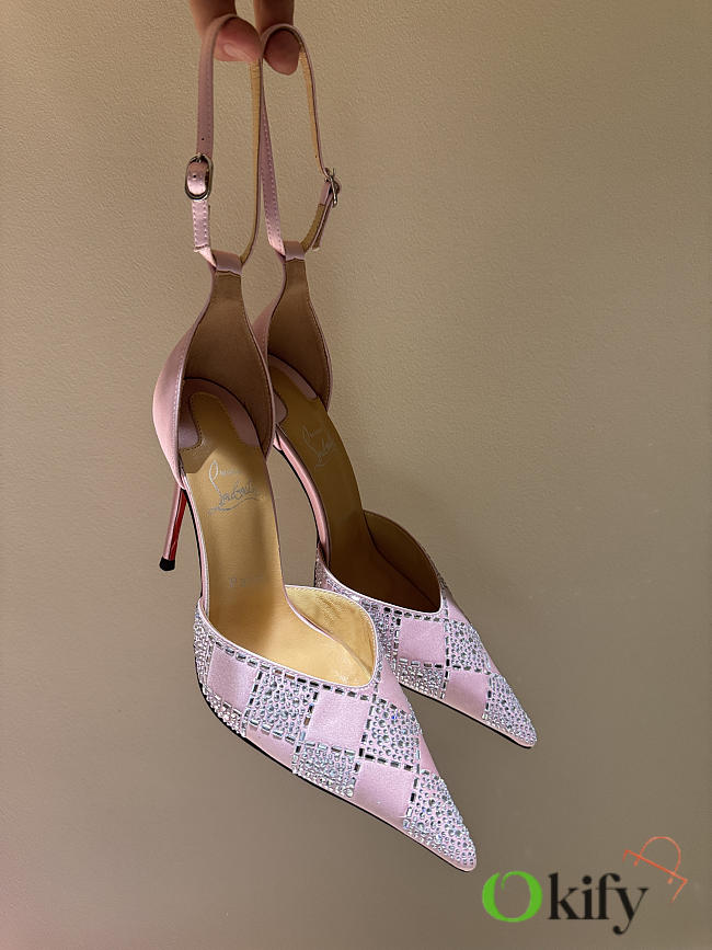 Okify Christian Louboutin Light Pink Checkered Crystal High Heels With/No Tulle Trim 10cm - 1