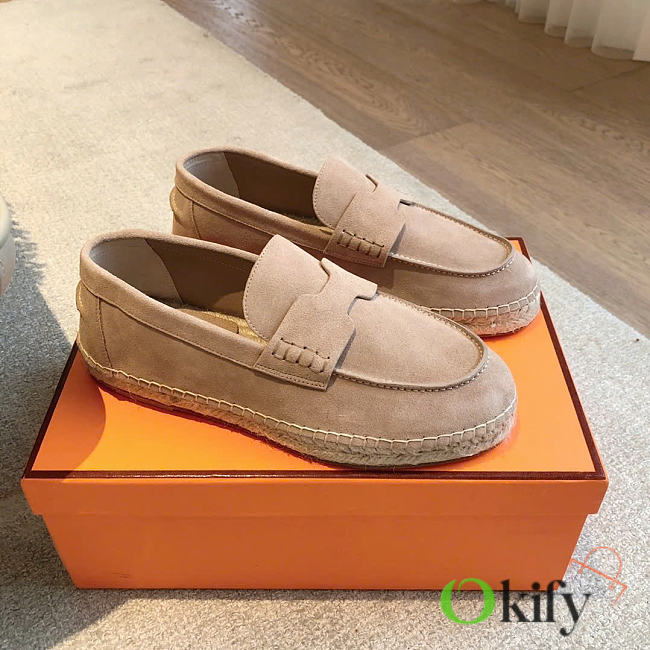 Okify Hermes Light Brown Suede Espadrilles Shoes Unisex - 1