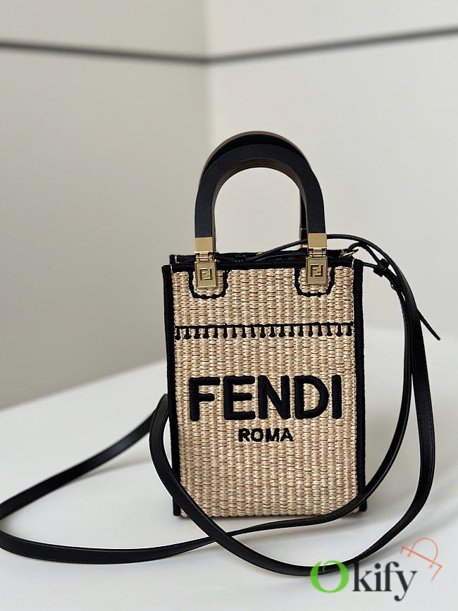 Okify Fendi Sunshine Mini Tote Bag Raffia Black 18x13x6cm - 1