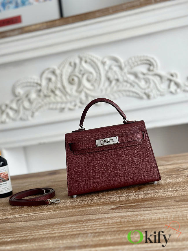 Okify Hermes Kelly Mini 19 Bag Red Burgundy Epsom Silver Hardware 19cm - 1