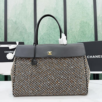 Okify CC Large Tote Bag Black Leather And Tweed AS6289 33x43x17.5cm