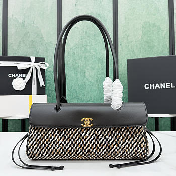 Okify CC 2026 Small Shopping Bag Black Leather And Tweed AS6288 30.5x15x11cm 