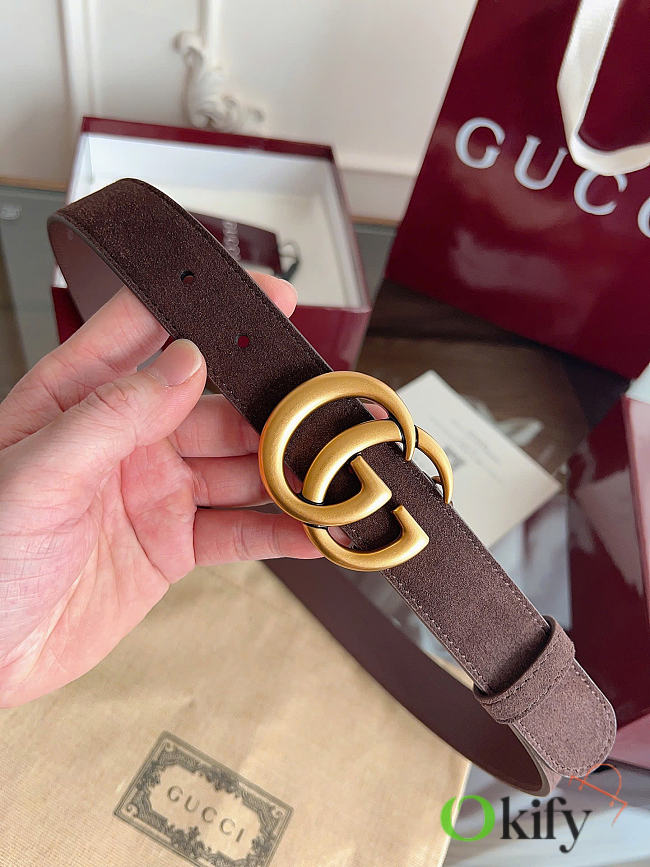 Okify Gucci Dark Brown Suede Belt Gold Hardware 3cm - 1