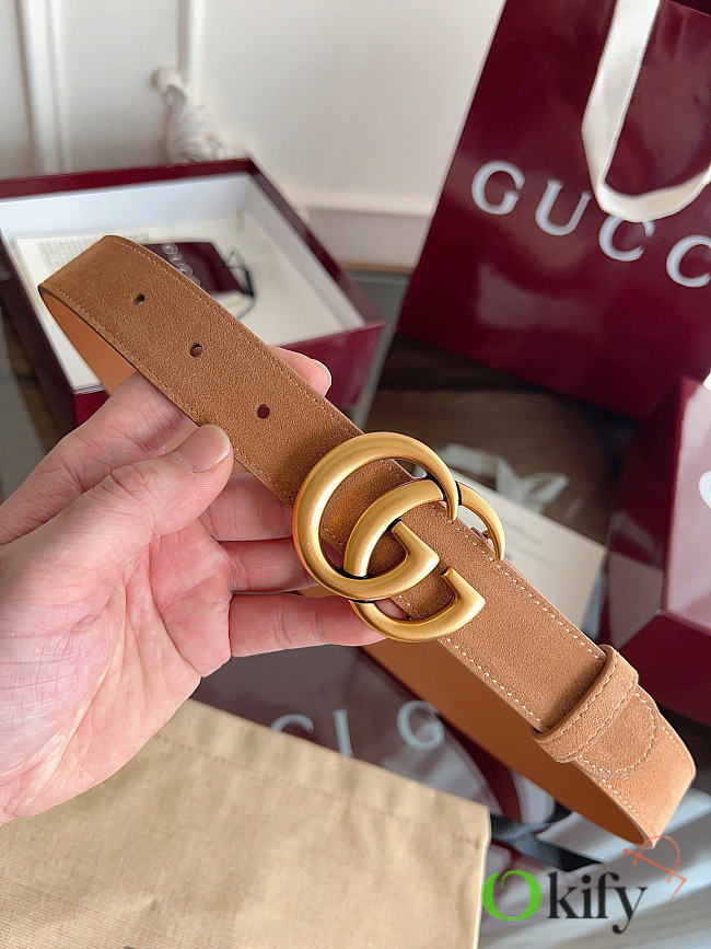 Okify Gucci Brown Suede Belt Gold Hardware 3cm - 1