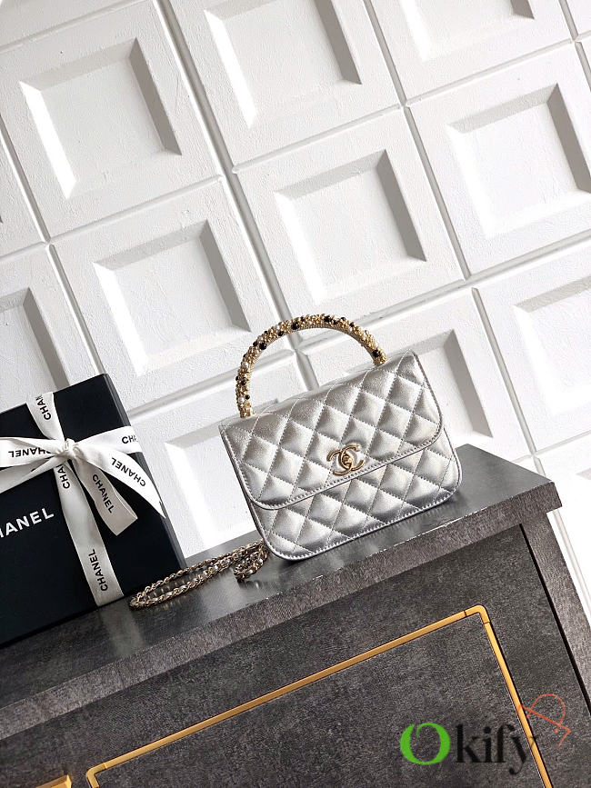Okify CC Clutch Bag Silver With Gold And Pearl Handle 15x10.5x5.5cm - 1
