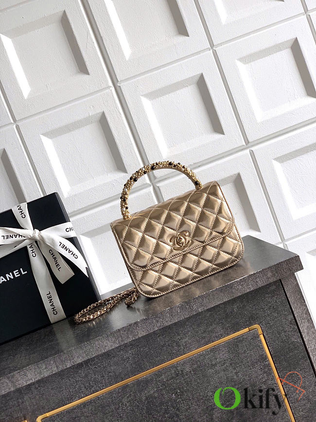 Okify CC Clutch Bag Gold With Gold And Pearl Handle 15x10.5x5.5cm - 1