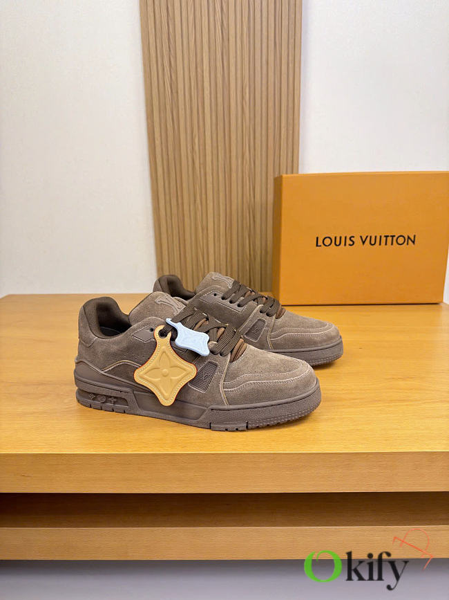 Okify Louis Vuitton Dark Brown Suede Sneakers Unisex - 1