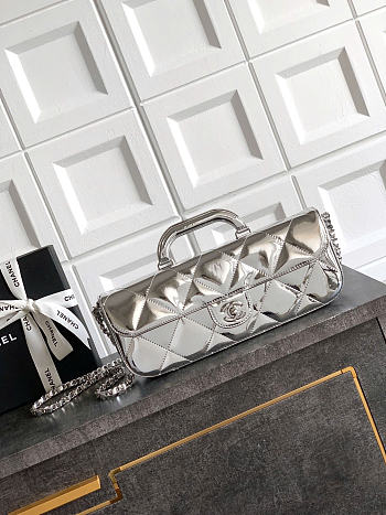 Okify CC Small Clutch With Chain Silver Metallic Mirror Calfskin 29x12x5cm