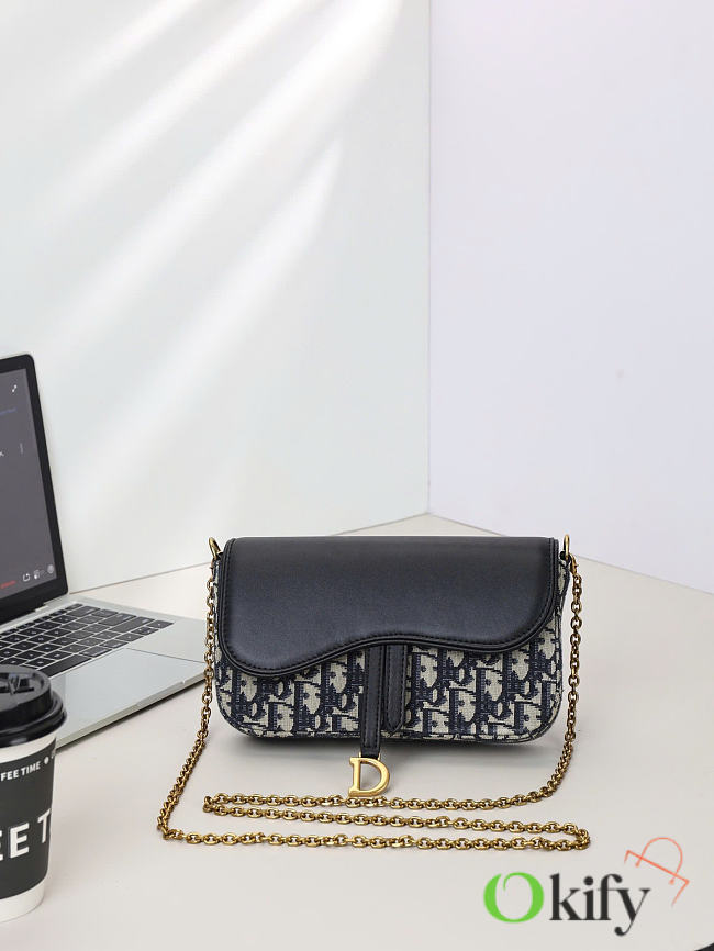Okify Dior Medium Saddle Pouch With Chain Blue Oblique 21.5x12.5x4.5cm  - 1