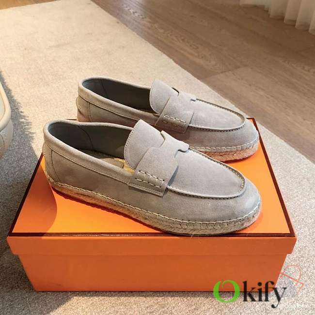 Okify Hermes Light Gray Suede Espadrilles Shoes Unisex - 1