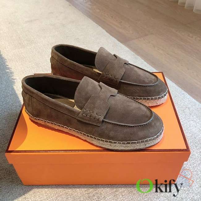 Okify Hermes Dark Brown Suede Espadrilles Shoes Unisex - 1