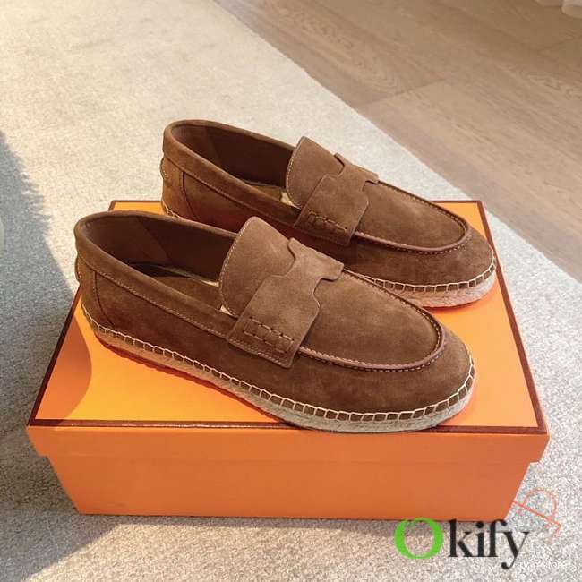 Okify Hermes Brown Suede Espadrilles Shoes Unisex - 1