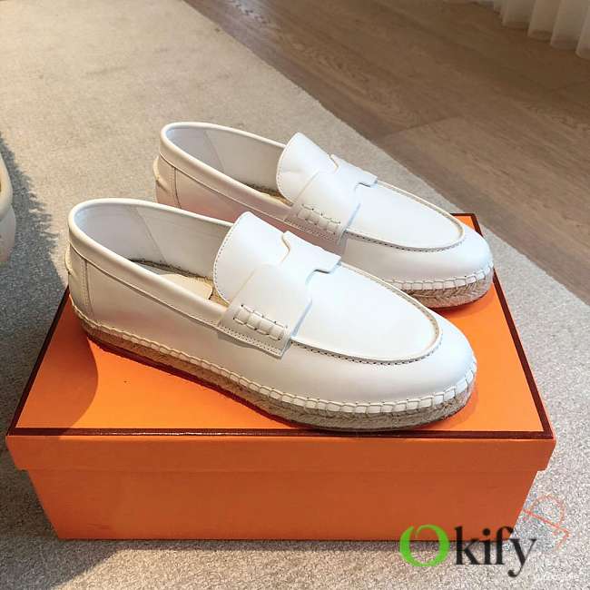Okify Hermes White Calfskin Espadrilles Shoes Unisex - 1