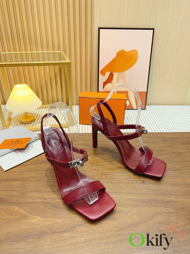 Okify Hermes Red Burgundy High Heeled Sandals 9cm - 1