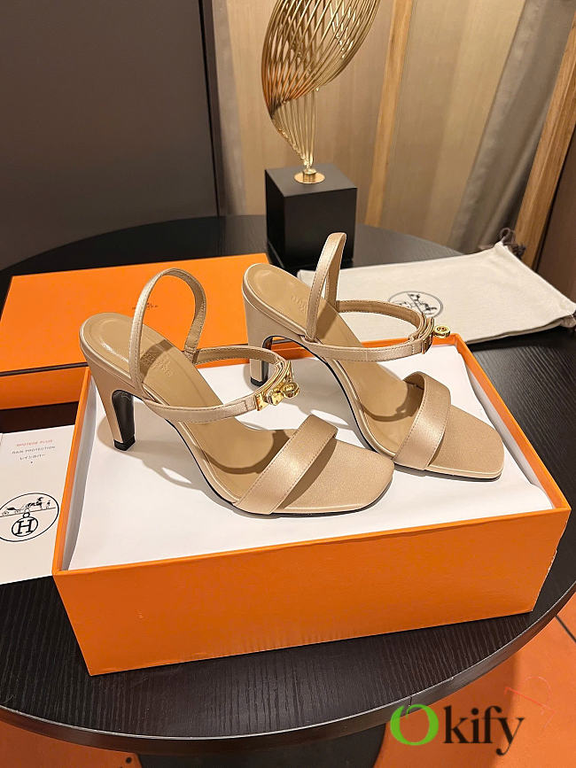 Okify Hermes Beige Satin High Heeled Sandals  - 1