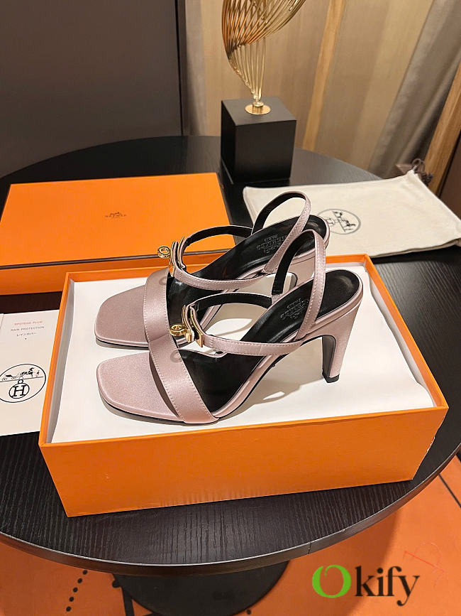 Okify Hermes Light Pink Satin High Heeled Sandals  - 1