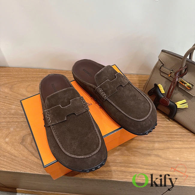 Okify Hermes Dark Brown Suede Mix Mules Unisex - 1