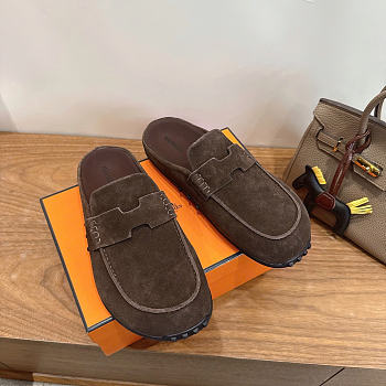 Okify Hermes Dark Brown Suede Mix Mules Unisex