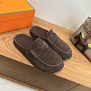 Okify Hermes Dark Brown Suede Mix Mules Unisex - 2
