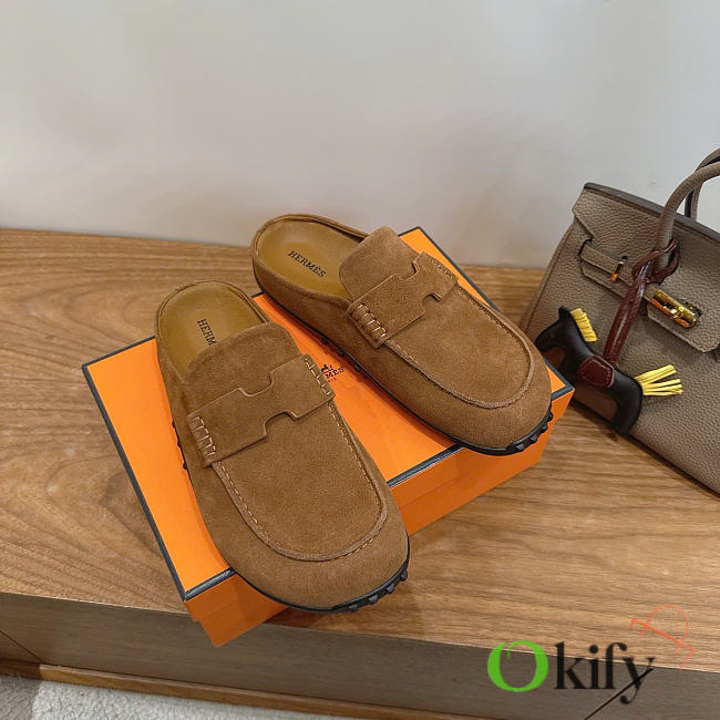 Okify Hermes Brown Suede Mix Mules Unisex - 1