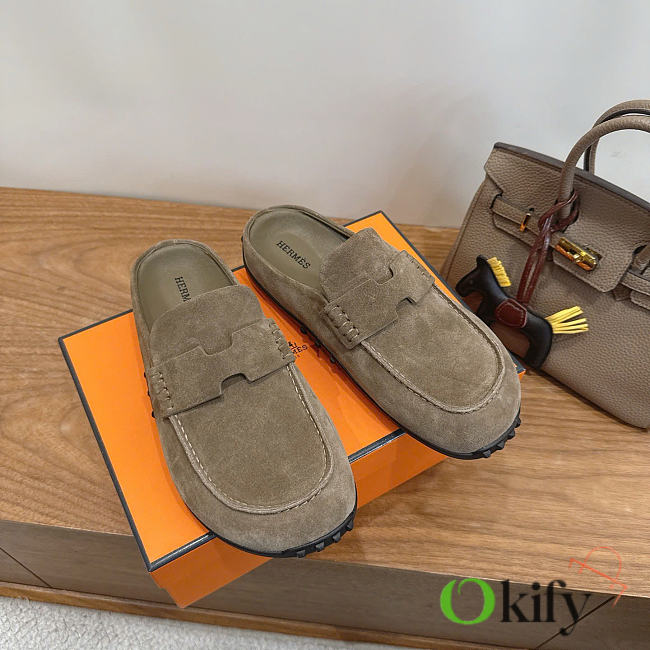 Okify Hermes Gray Suede Mix Mules Unisex - 1