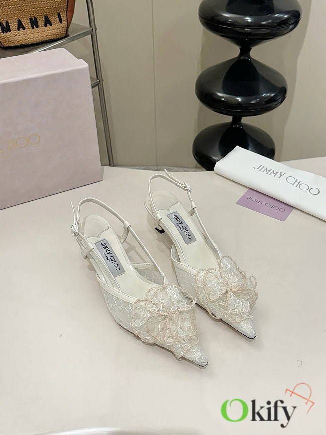 Okify Jimmy Choo Beige Flower Mesh Slingback 5cm - 1