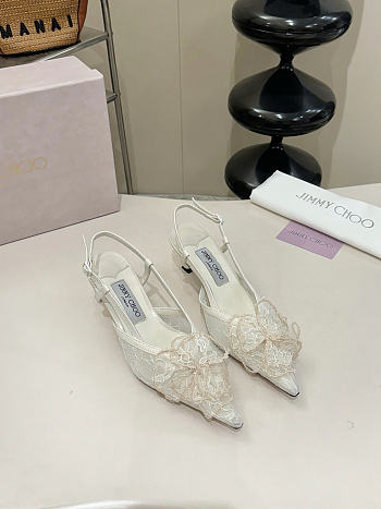 Okify Jimmy Choo Beige Flower Mesh Slingback 5cm