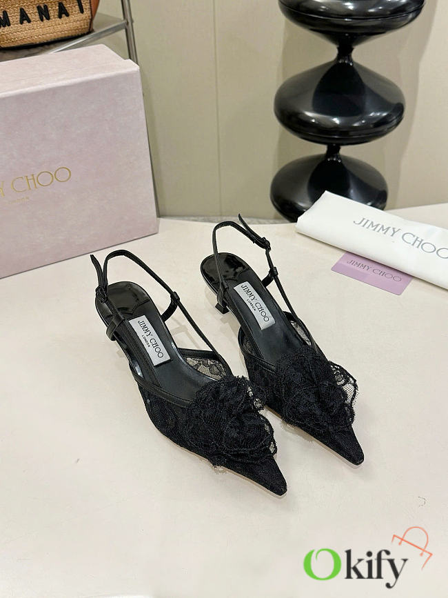Okify Jimmy Choo Black Flower Mesh Slingback 5cm - 1