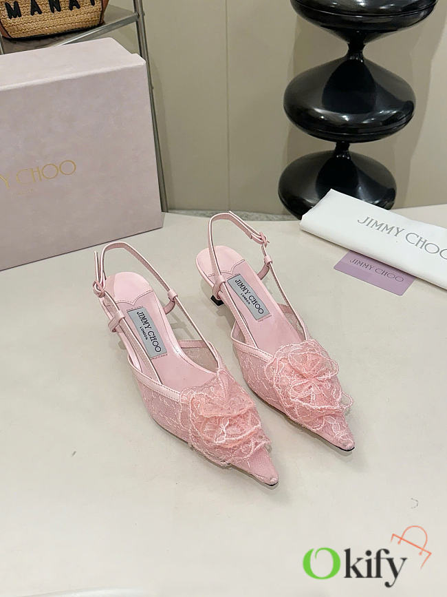 Okify Jimmy Choo Pink Flower Mesh Slingback 5cm - 1