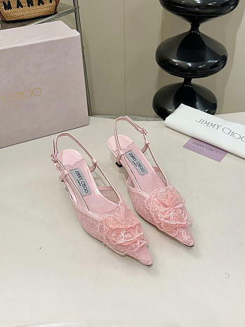 Okify Jimmy Choo Pink Flower Mesh Slingback 5cm