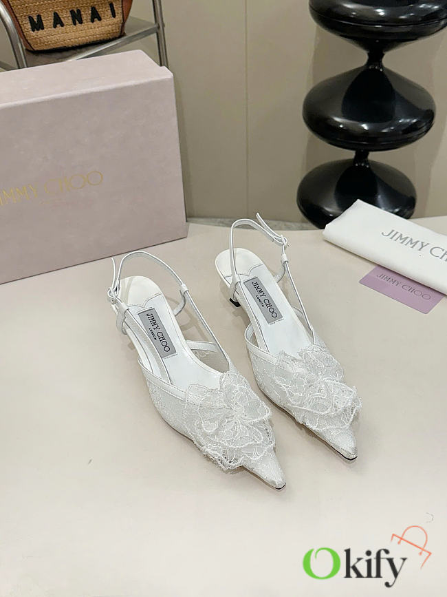 Okify Jimmy Choo White Flower Mesh Slingback 5cm - 1