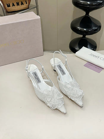 Okify Jimmy Choo White Flower Mesh Slingback 5cm