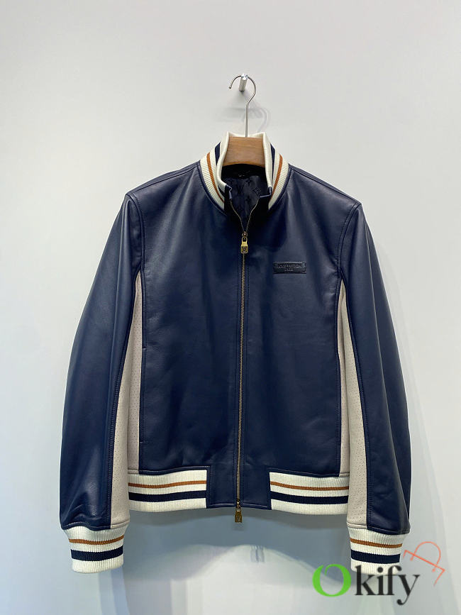 Okify Louis Vuitton Men Dark Blue Leather Jacket (has big size) - 1