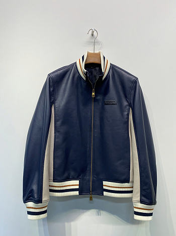 Okify Louis Vuitton Men Dark Blue Leather Jacket (has big size)