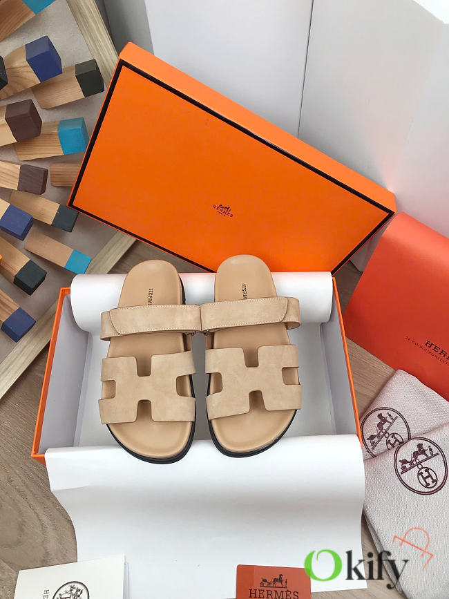 Okify Hermes Beige Suede Sandals Unisex (has big size) - 1