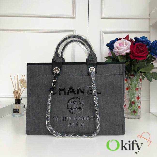 Okify CC Shopping Bag Gray Canvas and Sequins A66941 38cm - 1