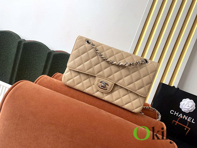 Okify CC Classic Flap Bag Beige Caviar Silver Hardware 25cm - 1