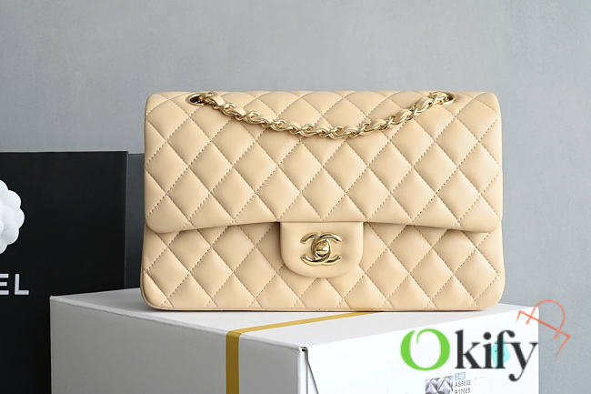 Okify CC Classic Flap Bag Beige Lambskin Gold Hardware 25cm - 1