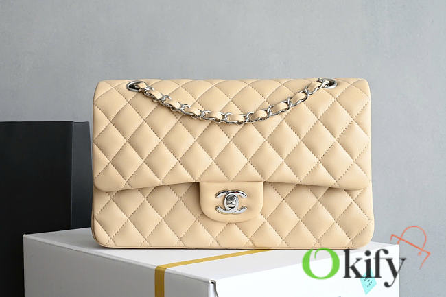 Okify CC Classic Flap Bag Beige Lambskin Silver Hardware 25cm - 1