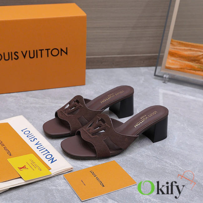 Okify Louis Vuitton Isola Dark Brown Block Heel Mule Sandals 5.5cm (has big size) - 1