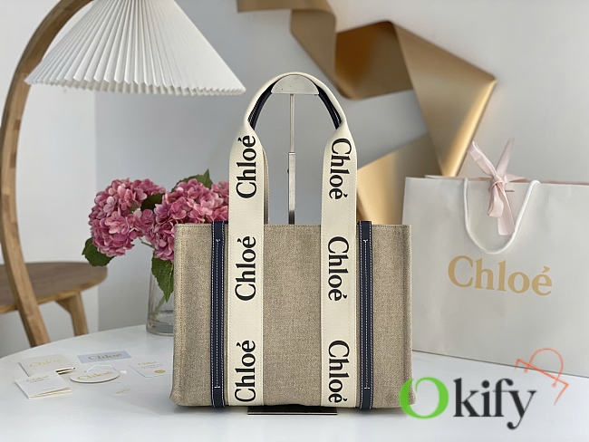 Okify Chloe Medium Woody Tote Bag Navy Blue And Beige 37x26x12cm - 1